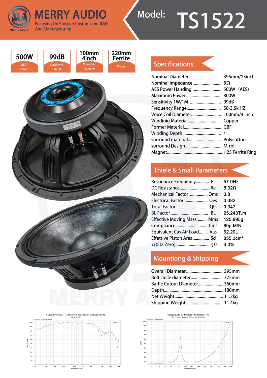 Haut-parleur Audio PA 15 pouces, haut-parleur professionnel, caisson de basse Audio PRO